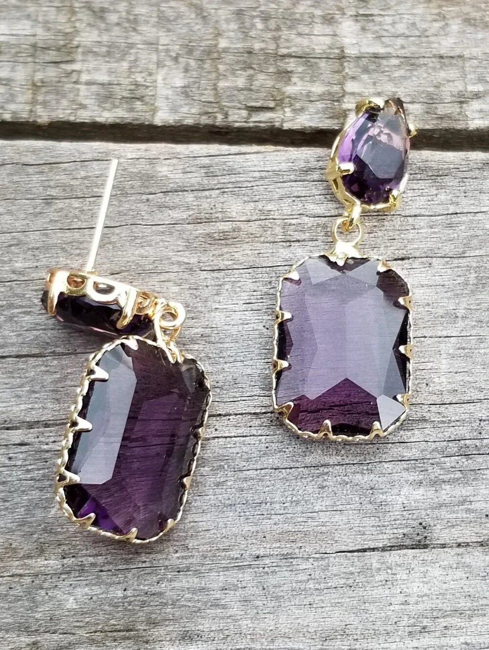 14k Gold Amethyst Stud Earrings, Rectangular Amethyst Dangle Earrings